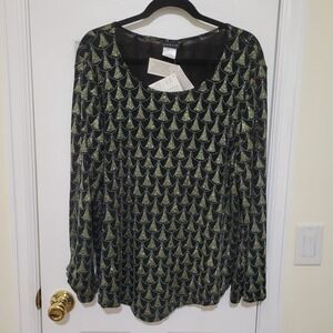 CitiKnits XL Black Gold Glitter Art Deco Fan Print Long Sleeve Top NWT